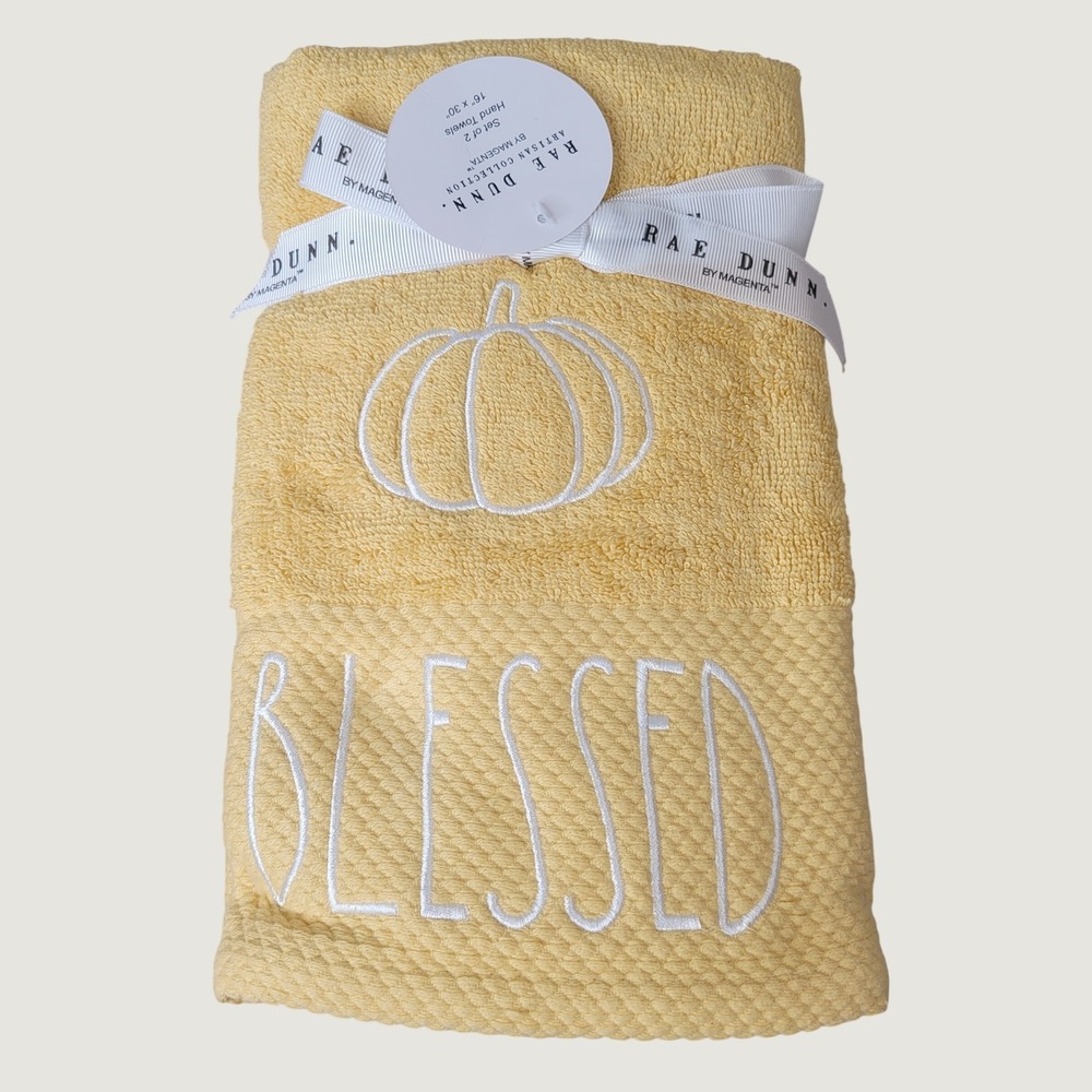 Rae Dunn Yellow Hand Towels Set of 2 Blessed Pumpkin Fall Farmhouse 16x30 NWT